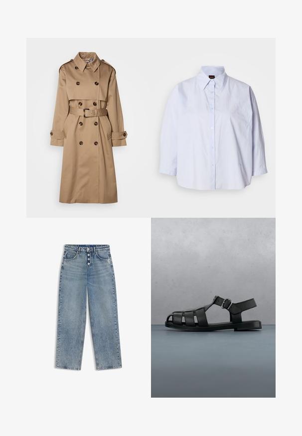 Beige Trenchcoat aus glattem Stoff, mit einem doppelt knöpfbaren Design, großen Knöpfen und einem passenden Gürtel in der Taille.; Hellblaues Hemd mit Kragen und durchgehender Knopfleiste, Raglanärmeln und glattem, knitterfreiem Stoff. Verfügt über dezente Stickereien am Saum.; Blaujeans mit geradem Bein, hoher Taille, Knopfleiste und vorderen Taschen, flach auf weißem Hintergrund liegend.; Schwarze Herrensandale aus Leder mit geschlossenen Zehenriemen, seitlicher Schnalle und flacher Sohle, im Profil vor weißem Hintergrund gezeigt.