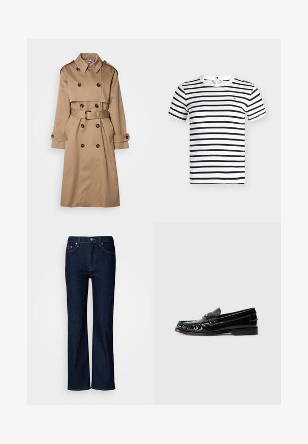 Beige Trenchcoat aus glattem Stoff, mit einem doppelt knöpfbaren Design, großen Knöpfen und einem passenden Gürtel in der Taille.; Weißes T-Shirt mit kurzen Ärmeln und Rundhalsausschnitt, horizontalen dunkelblauen Streifen und kleinem rot-weiß-dunkelblauem Logo auf der Brust.; Blaue Jeans aus Denim mit geradem Bein Design, ausgestattet mit Kontrastnähten, einem Knopf- und Reißverschluss sowie einer Fünf-Taschen-Optik.; Schwarze LederSlipper mit runder Zehenform, dekorativen Nähten und einem kleinen goldenen Akzent auf dem Vorderblatt. Flache Gummisohle, elegantes Design.