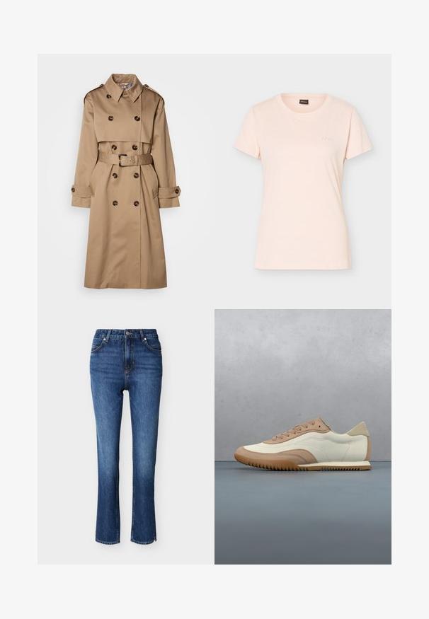 Beige Trenchcoat aus glattem Stoff, mit einem doppelt knöpfbaren Design, großen Knöpfen und einem passenden Gürtel in der Taille.; Hellrosa kurzärmliges T-Shirt mit Rundhalsausschnitt, kleinem geprägtem BOSS-Logo auf der linken Brust und schwarzem Etikett im Kragen.; Eng anliegende Jeans aus dunkelblauem Denim. Hoch tailliertes Design mit fünf Taschen, Knopfverschluss und kontrastierenden orangen Nähten an den Nähten.; Beige-weißer Sneaker mit einer strukturierten Oberseite, Schnürsenkeln und einer Gummisohle, präsentiert über einer Holzfläche mit Kieselsteinen.