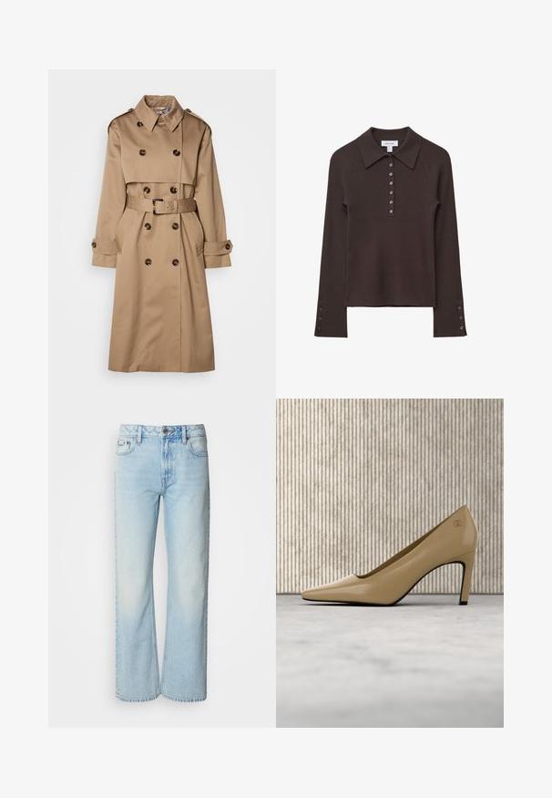 Beige Trenchcoat aus glattem Stoff, mit einem doppelt knöpfbaren Design, großen Knöpfen und einem passenden Gürtel in der Taille.; Braun geripptes langärmeliges Polohemd mit Kragen, sechs Knopfverschluss und Knopfdetails an den Ärmeln. Weiche Textur mit einer taillierten Silhouette.; Helle blaue weit geschnittene Jeans aus Denim, mit einem klassischen Fünf-Taschen-Design und einer dezenten, gewaschenen Textur. Die Denim-Nähte sind sichtbar.; Beiger High-Heel-Schuh mit spitzer Spitze und kleinem goldfarbenem Emblem, aufrecht stehend auf reflektierender Oberfläche neben einem Metall-Organizer für Akten.