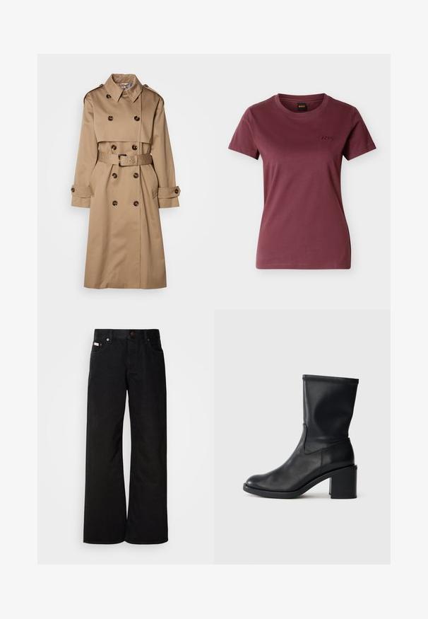 Beige Trenchcoat aus glattem Stoff, mit einem doppelt knöpfbaren Design, großen Knöpfen und einem passenden Gürtel in der Taille.; Damen-T-Shirt in Burgunderrot mit kurzen Ärmeln, Rundhalsausschnitt und kleinem gesticktem "BOSS"-Logo auf der linken Brust.; Schwarze weite Jeans aus Baumwolle. Verfügt über frontale Taschen, einen Knopfverschluss und eine klassische Denim-Textur. Minimalistisches Design ohne Muster.; Schwarze Leder-Ankle Boots mit runder Zehenform, glatter Oberfläche und dicker Absatz, ausgestattet mit einem eng anliegenden Schaft und subtilen Nähten.