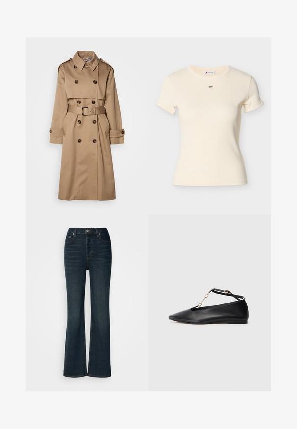 Beige Trenchcoat aus glattem Stoff, mit einem doppelt knöpfbaren Design, großen Knöpfen und einem passenden Gürtel in der Taille.; Hellgelbes, geripptes T-Shirt mit kurzen Ärmeln, rundem Halsausschnitt und einem kleinen, auf der Brust gestickten Logo mit roten, weißen und blauen Streifen.; Dunkelblaue, ausgestellte Jeans aus Denim mit taillierter Passform, fünf Taschen und dezentem Waschungseffekt auf der Vorderseite.; Schwarze Leder-Ballerinas mit spitzem Zehenbereich, Cut-Out-Design, Knöchelriemen und goldener Kettenakzent. Glatte Textur, minimaler Absatz.