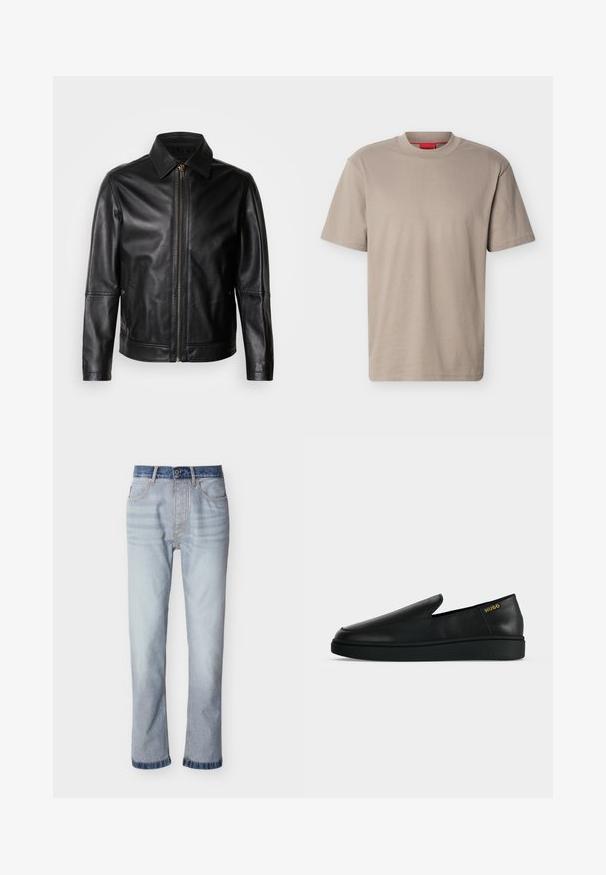 Veste en cuir noire avec col pointu, fermeture éclair frontale et poches latérales. Présente une texture lisse et une coupe ajustée.; T-shirt beige à manches courtes et col rond avec un logo "HUGO" subtilement embossé sur la poitrine et une étiquette rouge à l'intérieur de l'encolure.; Jean denim bleu clair avec une ceinture bleu foncé, coupe droite, cinq poches et détails de couture visibles.; Chaussure noire en cuir à enfiler avec semelle épaisse et marquage "HUGO" en or près du talon sur un fond uni gris clair.