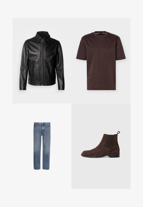 Veste en cuir noire avec col pointu, fermeture éclair frontale et poches latérales. Présente une texture lisse et une coupe ajustée.; T-shirt en coton marron foncé à manches courtes, col rond et petit logo circulaire brodé sur la poitrine gauche.; Jean en denim bleu à jambes droites, avec poches avant, passants de ceinture et fermeture par bouton.; Bottines en daim marron avec panneaux élastiques sur les côtés, bout arrondi et languette en boucle au talon. Semelle plate en caoutchouc noir.