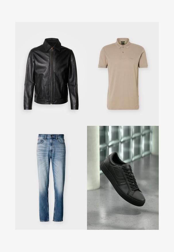 Veste en cuir noire avec col pointu, fermeture éclair frontale et poches latérales. Présente une texture lisse et une coupe ajustée.; Polo beige à manches courtes avec deux boutons et un petit logo embossé sur la poitrine gauche.; Jean bleu délavé à coupe droite avec cinq poches, fermeture par bouton et passants pour ceinture, présenté à plat sur fond blanc.; Baskets en cuir noir à profil bas, avec des lacets noirs, des accents texturés et une semelle en caoutchouc. Logo embossé sur le côté extérieur.