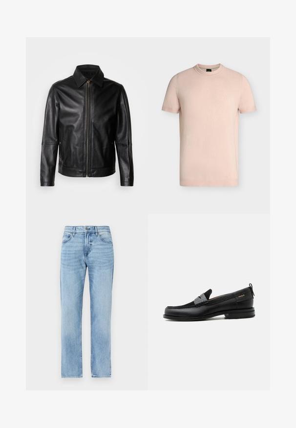 Veste en cuir noire avec col pointu, fermeture éclair frontale et poches latérales. Présente une texture lisse et une coupe ajustée.; T-shirt rose clair à manches courtes et col rond avec logo "BOSS" brodé sur la poitrine gauche.; Jean denim bleu clair droit avec poches avant, passants pour ceinture, bouton et fermeture éclair.; Mocassin en cuir noir avec détail de bride grise, talon bas et semelle texturée, marqué "HUGO" en or sur le côté.