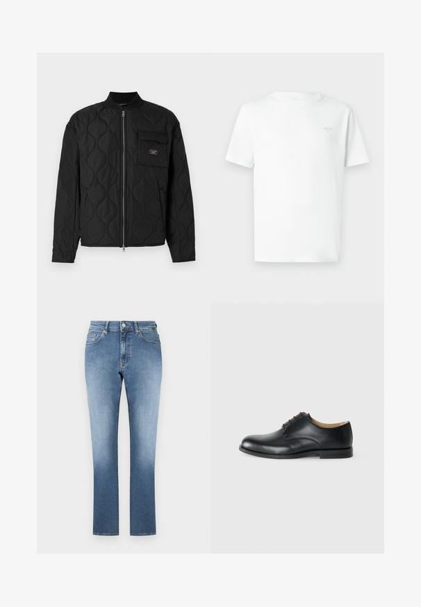 Guess Jeans QUILTED PUFFER JACKET - Ľahká bunda - jet black; Biele bavlnené tričko s okrúhlym výstrihom, krátkymi rukávmi a jemným sivým logom na ľavej strane hrudníka. Hladká, ľahká textúra.; Svetlomodré rifle z denimu s rovnými nohavicami. Majú vysoký pás, päť vreciek a jemné vyblednutie na nohaviciach. Jednoduchý lem.; Calvin Klein ESS DERBY - Šnurovačky - triple black