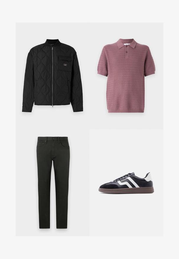 Guess Jeans QUILTED PUFFER JACKET - Kerge jope - jet black; Lühikeste varrukatega polo särk heleses violetis, millel on tekstuuriga seinakujundus, terav krae ja kaks nööpi nööbiliistul. Pehme kudumaterjal.; Tumed rohelised puuvillased püksid kitsas lõikes. Omavad sirget säärekest, eesolevaid taskuid ja nööpkinnitust. Sile tekstuur, minimaalne detailide arv.; Mustad tossud seemisnahast ja sünteetilisest materjalist, valgete diagonaalsete triipudega ning pruunist tekstuuriga tallaga. Omavad paeltega kinnitust ja polsterdatud kraega.