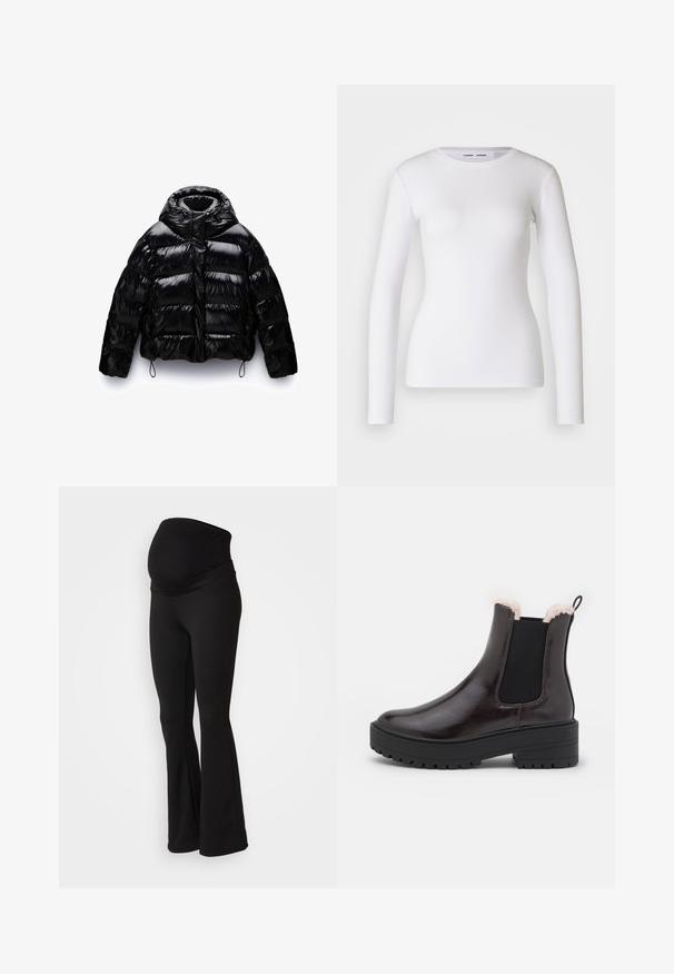Veste doudoune noire avec une finition brillante, dotée d'un col montant, d'une fermeture éclair à l'avant et de cordons élastiques à l'ourlet et aux poignets.; Chemise blanche à manches longues en tissu côtelé, avec un col rond et une coupe cintrée. Aucun motif ni accent présent.; Leggings de maternité noirs avec une large ceinture extensible, un design évasé et une texture de tissu douce, adaptées pour le confort et le soutien.; Bottines en simili cuir noir avec une semelle épaisse, des panneaux latéraux élastiques et une bordure en fausse fourrure à l'ouverture. Design à bout carré.