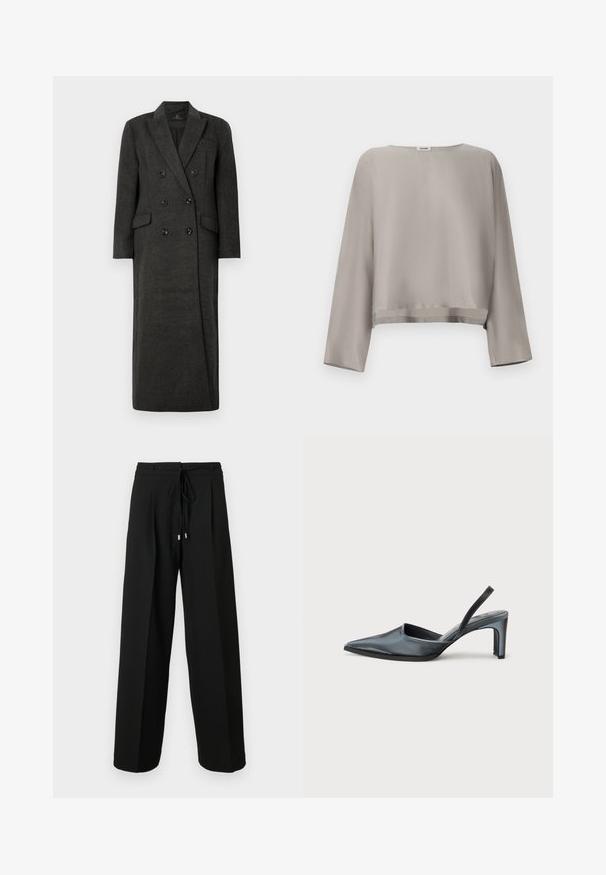 Manteau en laine double boutonnage de couleur gris foncé avec des revers crantés et des poches à rabat, présenté sur un fond blanc uni.; Haut gris clair à manches longues raccourcies en tissu lisse. Dispose d'un col rond et d'un détail discret à l'ourlet.; Pantalon noir à jambes larges avec taille à cordon, présentant des plis et une texture douce. Le design met l'accent sur le confort et une coupe ample.; Escarpin noir à bride arrière avec un bout pointu, une finition satinée élégante et un talon fin de 7,5 cm. Design latéral ouvert avec des détails de couture minimalistes.