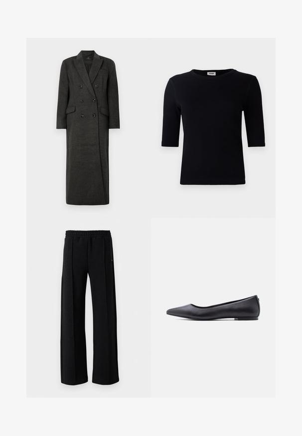 Manteau en laine double boutonnage de couleur gris foncé avec des revers crantés et des poches à rabat, présenté sur un fond blanc uni.; T-shirt noir à côtes avec un col rond et des manches trois-quarts. Le tissu a une texture lisse et une ligne d'ourlet droite. Pas de marque visible.; Pantalons noirs à jambe droite avec taille élastique et un motif texturé subtil sur l'ensemble du tissu sur un fond blanc.; Chaussure plate en cuir noire à bout pointu avec petit talon, vue de profil sur fond blanc.
