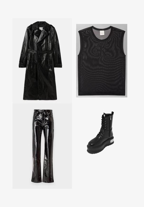 Schwarzer, langer Trenchcoat aus glänzendem Material mit zwei Reihen Knöpfen, großem Kragen, tailliertem Gürtel und Seitentaschen.; Schwarzes ärmelloses Mesh-Top mit rundem Ausschnitt und großem gesticktem "cK" Logo auf der Brust, Calvin Klein Label am rückseitigen Halsausschnitt.; Schwarze, hoch geschnittene, ausgestellte Hosen aus glänzendem Vinyl mit vorderen Taschen, einem Reißverschluss und sichtbaren Stichdetails.; Schwarze Kunstleder-Kampfstiefel mit einer dicken Plattform, ausgestattet mit Schnürung, Reißverschluss und metallic Akzent an der Ferse.