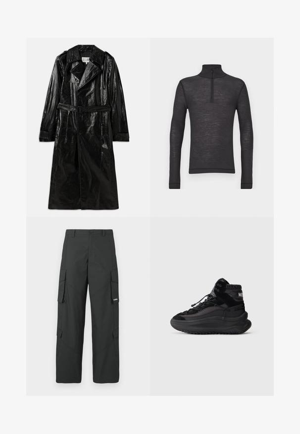 Sort lang trench coat lavet af skinnende materiale, med dobbeltbrystet lukning, stort krave, belagt talje og sidelommer.; Sorte langærmede turtleneck skjorte lavet af et tekstureret stof, med en halvlåzipper ved kraven og tætsiddende ærmer.; Sorte straight-leg cargo bukser med sidelommer med klap, knaplukning, bæltestropper og et lille hvidt logo på klappen af højre lomme.; Sort høj-top sneakers med tyk sål, snørebånd fortil, polstret ankelkrave og teksturerede sidepaneler på en ensfarvet lys baggrund.