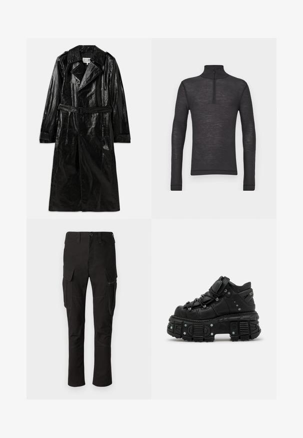 Schwarzer, langer Trenchcoat aus glänzendem Material mit zwei Reihen Knöpfen, großem Kragen, tailliertem Gürtel und Seitentaschen.; Schwarzes Langarm-Turtleneck-Shirt aus einem strukturierten Stoff, mit einem Halbreißverschluss am Kragen und eng anliegenden Ärmeln.; Schwarze Cargo-Hosen mit mehreren Taschen, einem seitlichen Reißverschlussfach und verstärkten Nähten, mit einem geraden Beinschnitt und strapazierfähigem Stoff.; Schwarze Leder-Hochtop-Sneaker mit dicker Gummisohle, Schnürdesign, gepolstertem Knöchelbereich und Metallelementen. Verfügt über eine profilierte Außensohle für besseren Halt.