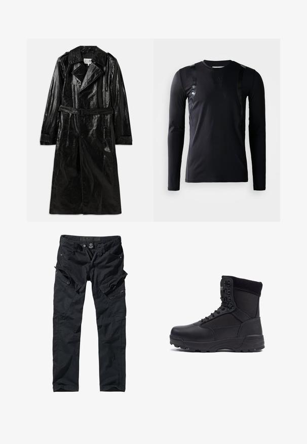 Sort lang trench coat lavet af skinnende materiale, med dobbeltbrystet lukning, stort krave, belagt talje og sidelommer.; Sort langærmet træningsskjorte lavet af glat, strækbart stof. Har glansfulde sorte detaljer på skuldrene og et Adidas-logo på brystet.; Sorte cargo bukser lavet af slidstærkt stof med flere lommer, lynlåse og en justerbar talje for funktionalitet og komfort.; Sort taktisk støvle med en glat læderoverdel og stofpaneler, høj ankeldesign, snørebånd foran og slidstærk gummisål.