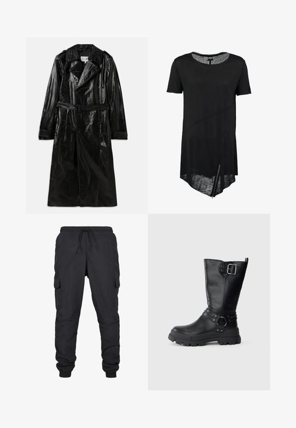 Schwarzer, langer Trenchcoat aus glänzendem Material mit zwei Reihen Knöpfen, großem Kragen, tailliertem Gürtel und Seitentaschen.; Schwarzes T-Shirt mit kurzen Ärmeln und Rundhalsausschnitt, asymmetrischem Saum, transparenter Textur und seitlichem Reißverschluss. Weicher, leichter Stoff.; Schwarze Cargo-Hosen mit elastischem Bund und Kordelzug, ausgestattet mit seitlichen Taschen und gerippten Säumen. Hergestellt aus leichtem, strapazierfähigem Stoff.; Schwarze Lederkniehohe Stiefel mit einer klobigen Gummisohle, ausgestattet mit einer seitlichen Schnalle, einem Riemendetail und einer strukturierten Oberfläche.