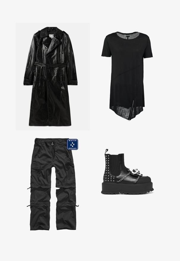 Sort lang trench coat lavet af skinnende materiale, med dobbeltbrystet lukning, stort krave, belagt talje og sidelommer.; Sort kortærmet t-shirt med rund halsudskæring, asymmetrisk kant, gennemsigtig tekstur og en sidelukning. Blødt, let stof.; Sorte vandafvisende cargo bukser med lynlåslommer, justerbare manchetter og et holdbart materiale. Har et logo på taljen.; Sort platformstøvle med sølvnitter, kædedetaljer og en hvid kranie dekoration på frontpanelet.
