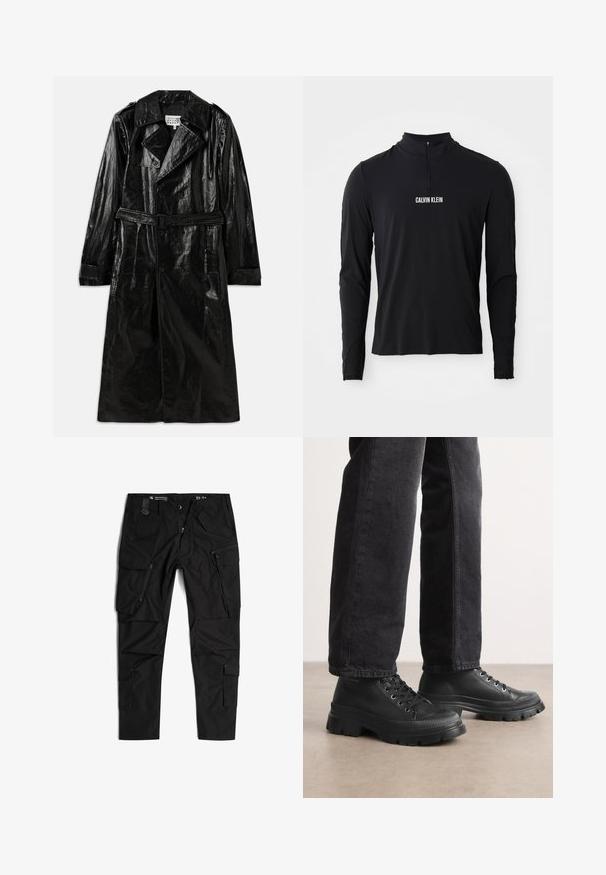 Schwarzer, langer Trenchcoat aus glänzendem Material mit zwei Reihen Knöpfen, großem Kragen, tailliertem Gürtel und Seitentaschen.; Schwarzes Langarmoberteil mit hohem Kragen, ausgestattet mit einem Viertel-Reißverschluss und weißem "CALVIN KLEIN" Logo auf der Vorderseite. Glatter, elastischer Stoff.; G-STAR TOOLBOX - Cargohose - dk black; Schwarze Schnürsneaker mit einer klobigen, strukturierten Sohle und glattem Obermaterial. Mit Metallösen und einem gerippten Akzent um die Zehenpartie.