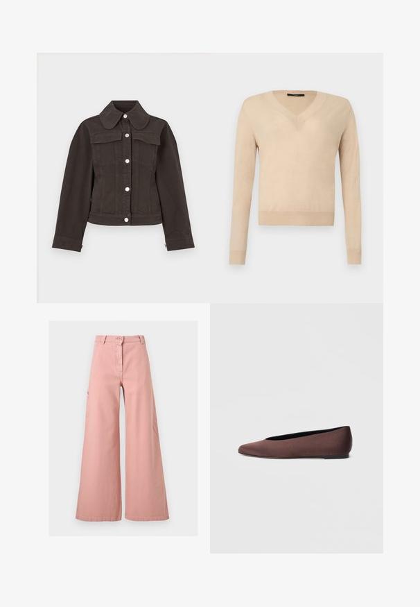 Veste en jean noire à silhouette ajustée, grand col arrondi, boutons sur le devant et deux poches poitrine. Texture lisse et coupe cintrée.; Pull beige à manches longues avec encolure en V, poignets et ourlet côtelés, tissu tricoté uni, présenté sur un fond blanc.; Pantalon taille haute à jambes larges de couleur rose pâle, avec fermeture à bouton et zip à l'avant, passants pour ceinture et poches latérales.; Ballerines en tissu marron avec un bout pointu et une texture lisse, dotées d'un talon bas et d'une fine semelle noire. Aucune motif ni élément métallique visible.