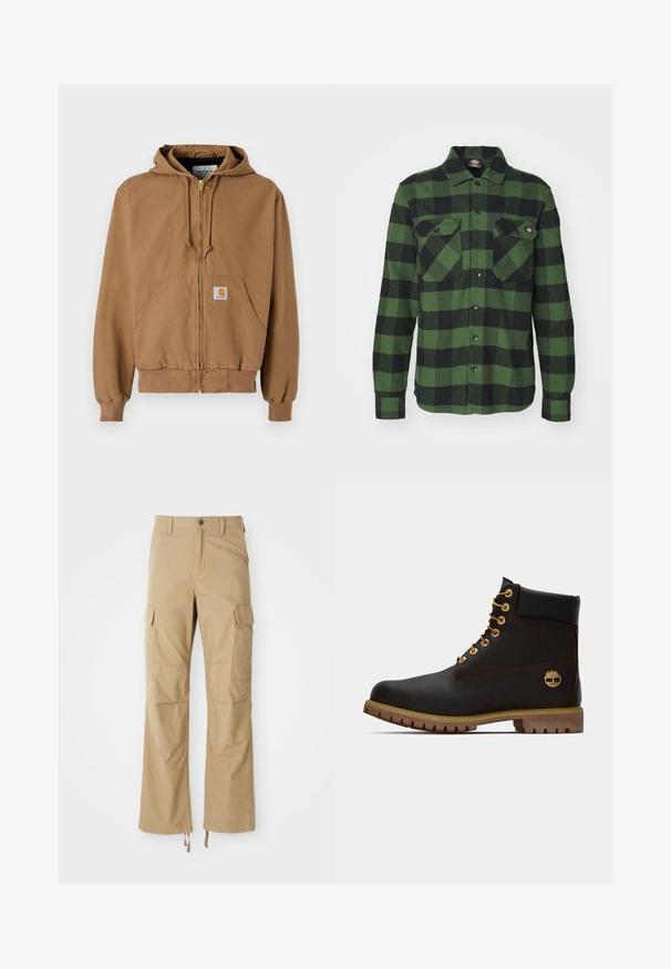Haut à capuche zippé marron en coton, avec une poche frontale, des cordons réglables et un patch logo carré sur la poche gauche.; Chemise en flanelle à carreaux verts et noirs avec deux poches poitrine, fermeture à boutons, manches longues et col pointu. Texture douce.; Pantalons cargo kaki en tissu durable, dotés de plusieurs poches latérales, d'une coupe droite et de cordons de serrage réglables à l'ourlet.; Bottine noire en cuir avec œillets dorés, accents marron et semelle en caoutchouc. Comprend un col rembourré et un logo estampé sur le côté.