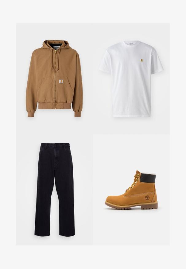 Haut à capuche zippé marron en coton, avec une poche frontale, des cordons réglables et un patch logo carré sur la poche gauche.; T-shirt en coton blanc à manches courtes, col rond, avec un petit logo doré sur la poitrine gauche. Texture douce et coupe régulière.; Pantalons en denim noir avec une coupe droite, dotés d'une fermeture à bouton et à zip, de passants de ceinture et de coutures minimales.; Bottine en cuir brun avec œillets en métal, doublure en fourrure blanche, col rembourré noir, semelle robuste et logo en relief sur le côté.