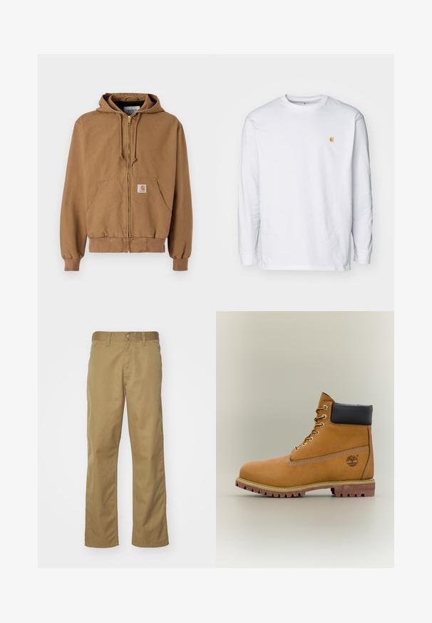 Haut à capuche zippé marron en coton, avec une poche frontale, des cordons réglables et un patch logo carré sur la poche gauche.; T-shirt à manches longues blanc en coton. Présente un petit logo doré sur la poitrine et un col rond. Design simple et coupe standard.; Chino kaki avec une coupe droite, fabriqué en tissu de coton lisse. Dispose d'une fermeture à bouton à l'avant et de poches latérales.; Bottine en cuir marron avec col noir, lacets jaunes et semelle beige. Présente un logo et des détails de couture blanche. Semelle extérieure à traction robuste.