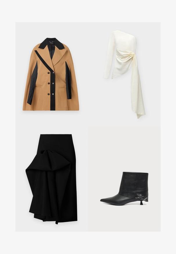 Beige jakke med sorte detaljer, brede reverser, dobbeltknaplukning foran og to sidelommer; har tekstureret stof og geometriske mønstre.; Asymmetrisk hvid satin top med én lang ærme og rynket detalje, der draperer i et langt, flydende tørklæde på den ene side.; Sort nederdel lavet af glat stof, med et oversized draperet design på den ene side, der danner en høj-lav kant.; Sort læderankelstøvle med spids tå, kort kittenhæl og sølvfarvet skriftlig detalje nær hælen.