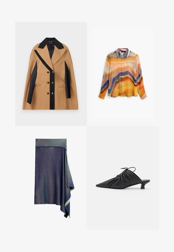 Beige jakke med sorte detaljer, brede reverser, dobbeltknaplukning foran og to sidelommer; har tekstureret stof og geometriske mønstre.; Langærmet skjorte med knapper og abstrakte bølgede striber i orange, gul, blå, lilla og beige toner, med en spids krave.; Mørkeblå strikket nederdel med meget fine hvide lodrette striber og en asymmetrisk draperet kant på den ene side.; Sorte læder slip-on mules med spids tå, samlet tekstur og en lille kitten heel. Har en snor-detalje ved åbningen.