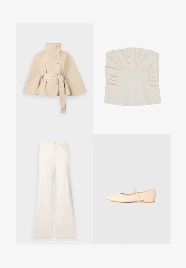 Manteau court style cape beige avec col montant, boutons sur le devant, manches larges et ceinture assortie nouée à la taille.; Haut couleur crème avec tissu froncé, présentant un décolleté arrondi et une texture lisse. Le design comprend des plis le long des bords.; ONLY Wide-fit ONLMADISON High waist Wide Leg Fit - Wide Leg - ecru; Ballerine beige à bout pointu de type Mary Jane avec un petit talon et une fine bride fermée par une boucle dorée sur fond blanc.