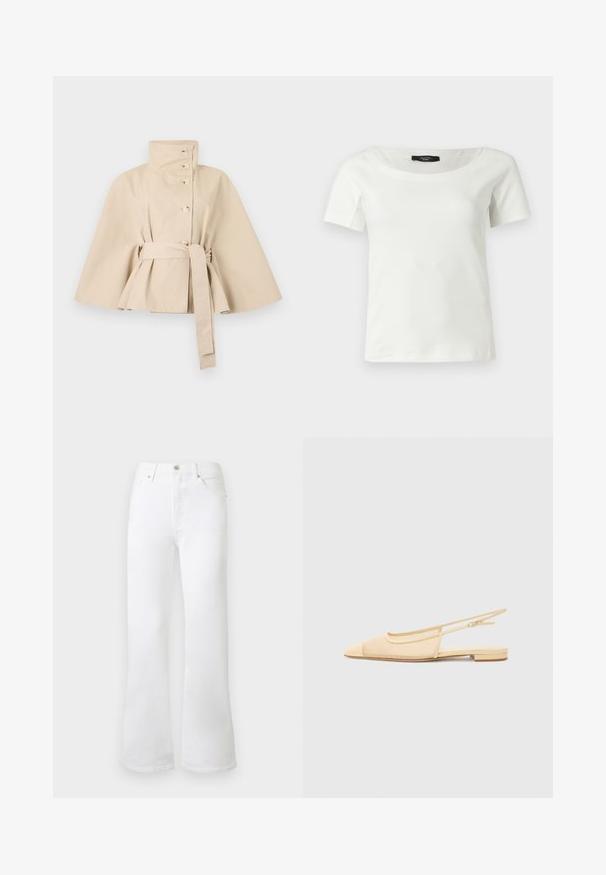 Manteau court style cape beige avec col montant, boutons sur le devant, manches larges et ceinture assortie nouée à la taille.; Haut blanc en coton à manches courtes pour femmes avec un large col rond sur un fond clair uni.; Jean blanc taille haute à jambes larges avec bouton sur le devant, fermeture éclair et poches avant et arrière, présenté sur un fond clair uni.; Chaussure plate slingback en beige clair avec une tige en maille, un bout pointu et un petit talon. Dotée d'une sangle ajustable pour un bon maintien.