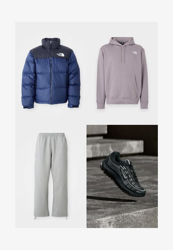Mørkeblå pufferjakke med en sort topdel, høj krave, frontlynlås og logo på brystet. Føles bulky med elastiske manchetter.; Lys lilla hættetrøje i blødt stof. Har en forlomme foran, snørre i hætten og hvidt logo øverst til venstre.; Grå sweatpants med elastisk talje, lige ben og snoretræk ved kanten. Fremstillet af blødt, struktureret stof.; Sort og grå Nike Air Max sneaker, der flyder over grå betontrin med tekstureret jordbaggrund.