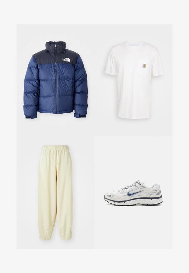 Marineblauwe puffer jacket met een zwart bovenstuk, hoge kraag, ritssluiting aan de voorkant en logo op de borst. Dikke textuur en elastische manchetten.; Witte katoenen t-shirt met korte mouwen, een borstzak en een klein vierkant logo-opdruk in oranje en wit op de zak.; Crèmekleurige sweatpants met een elastische tailleband, taps toelopende pijpen en een losse pasvorm. Gemaakt van zachte, lichte stof.; Nike Sportswear P-6000 - Sneakers laag - phantom/obsidian/summit white/white/black/metallic silver