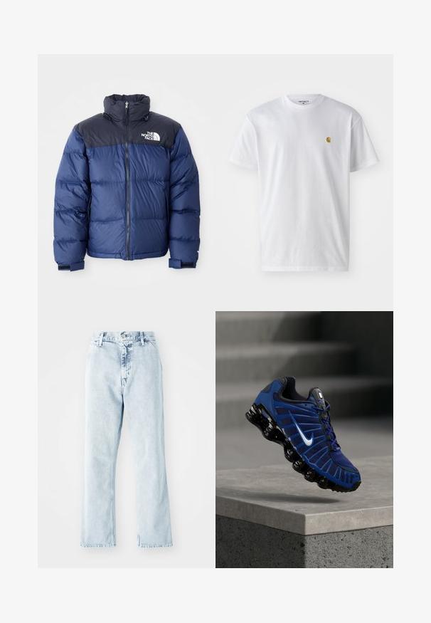 Mørkeblå pufferjakke med en sort topdel, høj krave, frontlynlås og logo på brystet. Føles bulky med elastiske manchetter.; Hvid bomulds t-shirt med korte ærmer, rund hals og et lille guld logo på venstre brystområde. Blød tekstur og almindelig pasform.; Lyseblå denim-jeans med lige ben, der har høj talje, fem lommer og knaplukning. Falmet tekstur over det hele.; Blå og sort Nike løbesko med hvid swoosh-logo, svævende over en betonforkant med teksturerede trin i den slørede baggrund.