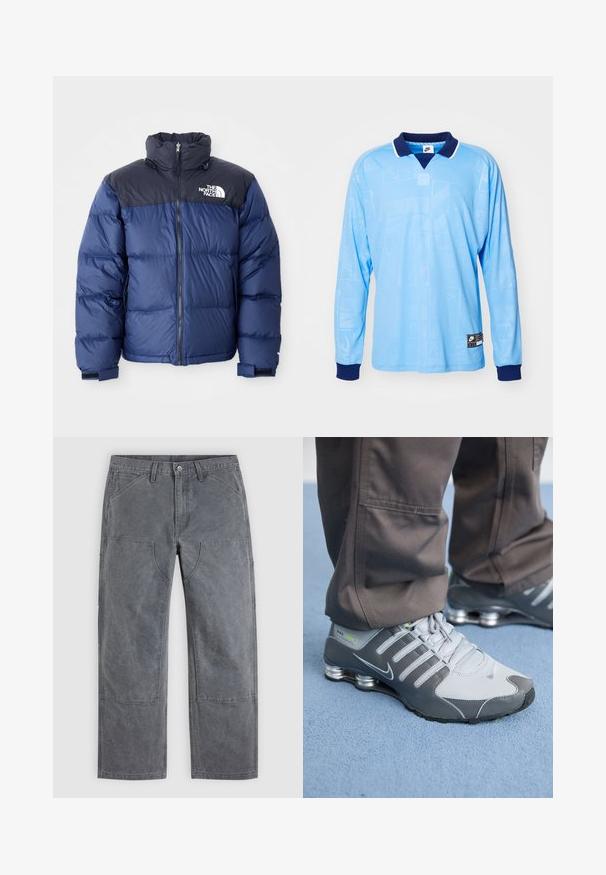 Marineblauwe puffer jacket met een zwart bovenstuk, hoge kraag, ritssluiting aan de voorkant en logo op de borst. Dikke textuur en elastische manchetten.; Lichtblauwe longsleeve polo met marineblauwe kraag en manchetten, voorzien van een subtiel all-over patroon en Nike-logo op de onderrand.; Grijze broek met rechte pijpen, verstevigde knieën, voorzakken en riemlussen, plat uitgespreid op een effen achtergrond.; Grijze en zilveren Nike Shox sneakers hebben een strakke uitstraling, met een combinatie van mesh en synthetische materialen, een ronde neus en een gevoerde kraag.