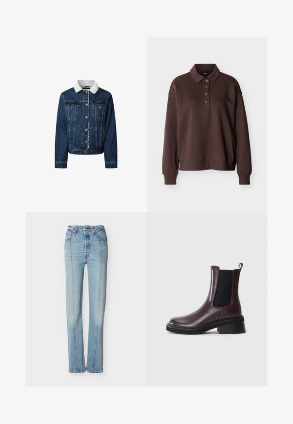 Denim jacket in een donkere blauwtint, met een witte nepbont kraag, knoopsluiting, twee voorzakken en een cropped ontwerp met een franjezoom.; Bruine lange mouwen polo met vier knopen, geribbelde manchetten en een geribbelde zoom tegen een effen witte achtergrond.; Lichtblauwe, rechte jeans met hoge taille, voorste naden, knoopsluiting en ontwerp met vijf zakken op een witte achtergrond.; Bordeaux leren enkelboot met elastische zijpanelen, ronde neus en een gestructureerde zwarte rubberen zool. Beschikt over een treklus voor gemakkelijk aan- en uittrekken.