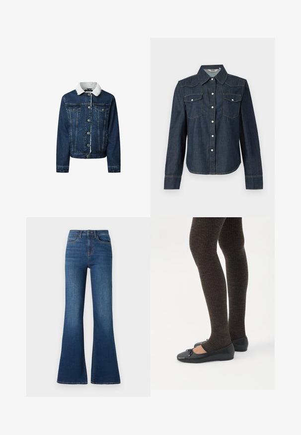 Denim jacket in een donkere blauwtint, met een witte nepbont kraag, knoopsluiting, twee voorzakken en een cropped ontwerp met een franjezoom.; Donkerblauwe spijkerhemd met lange mouwen, puntige kraag, twee borstzakken en witte knoopsluiting. Contrasterende stiksels langs de naden.; Uitgebreide spijkerbroek gemaakt van middelzwaar katoen, met een diepblauwe wassing, contrasterende stiksels en een traditionele vijf-pocketontwerp.; Benen met donkere geribbelde leggings gecombineerd met zwarte ballerina's met kleine strikdetails op een witte achtergrond.