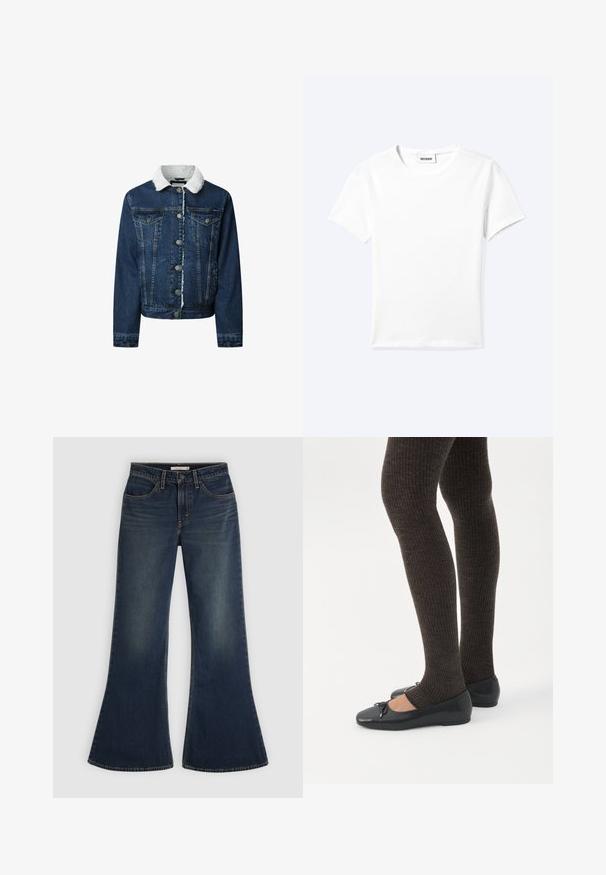 Denim jacket in een donkere blauwtint, met een witte nepbont kraag, knoopsluiting, twee voorzakken en een cropped ontwerp met een franjezoom.; Effen wit T-shirt met korte mouwen en ronde hals met een klein "WEEKDAY" label aan de binnenkant van de hals, plat neergelegd op een lichte achtergrond.; Donkerblauwe wijde jeans met knoop- en ritssluiting, riemlussen, voorzakken en subtiele vervaagde details op de dijen.; Benen met donkere geribbelde leggings gecombineerd met zwarte ballerina's met kleine strikdetails op een witte achtergrond.