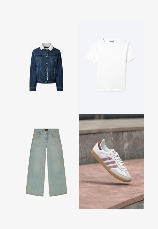 Denim jacket in een donkere blauwtint, met een witte nepbont kraag, knoopsluiting, twee voorzakken en een cropped ontwerp met een franjezoom.; Effen wit T-shirt met korte mouwen en ronde hals met een klein "WEEKDAY" label aan de binnenkant van de hals, plat neergelegd op een lichte achtergrond.; Lichtblauwe denim jeans met brede pijpen, voorzakken, riemlussen en een sluiting met knoop en rits.; Witte en roze Adidas Samba sneaker met rubberen zool die zweeft boven een stenen oppervlak met een vervaagde stenen muur op de achtergrond.