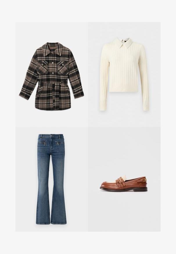 Rutet skjortejakke i nuancer af brun, sort og beige. Har krave, to brystlommer, belte i taljen og trykknapper.; Cremefarvet ribbet langærmet sweater med tekstureret, perlebesat spids krave og lige kant.; Blå denim jeans med flare ben og en middelhøj talje, med for- og baglommer samt en subtil falmet vask.; Brun læder loafersko med beige stof for og to guldspænder, flad sål og lav hæl på hvid baggrund.
