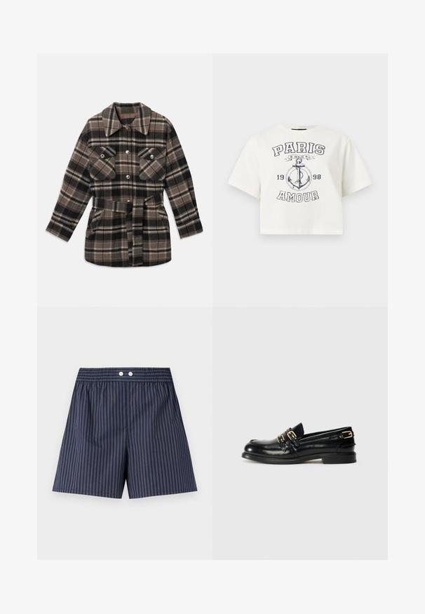 Rutet skjortejakke i nuancer af brun, sort og beige. Har krave, to brystlommer, belte i taljen og trykknapper.; Hvid cropped T-shirt med sort anker-grafik, "PARIS AMOUR," "MAJE," og året "1998" trykt på forsiden.; Mørkeblå stribede shorts med elastisk talje, der har to hvide knapper foran, lavet af letvægtsstof.; Sorte læder loafers med en blank finish, der har to guldspænder og en lav hæl. Glat tekstur med rund tådesign.