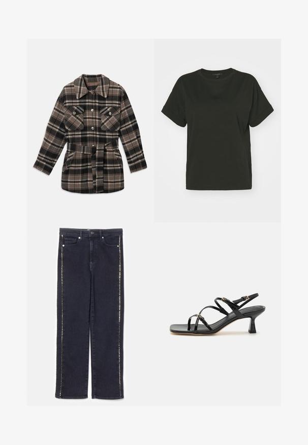 Rutet skjortejakke i nuancer af brun, sort og beige. Har krave, to brystlommer, belte i taljen og trykknapper.; AllSaints LISA TEE - T-shirts basic - black; Mørke denim jeans med lige ben-design og en række af metalliske nitter langs sidesømmene, der giver et særpræget accent.; Sorte lakerede sandaler med stropper, kvadratisk tå og en lav blokhæl. Udstyret med guldfarvet hardware og justerbare ankelremme.