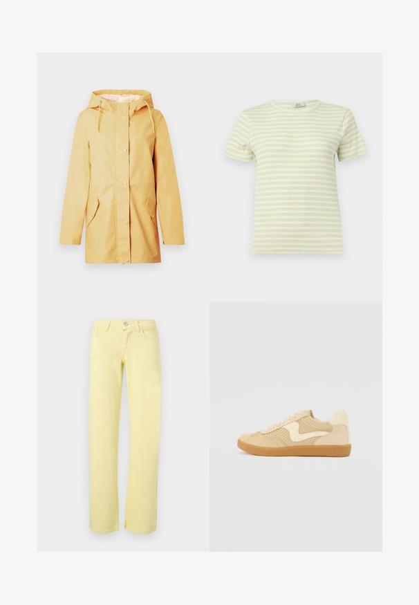 Imperméable jaune à capuche avec boutons-pression sur le devant et deux poches à rabat, conçu pour être porté en extérieur.; T-shirt côtelé à manches courtes à rayures horizontales vert clair et blanc avec un col rond sur un fond uni.; Pantalon jaune à jambes droites avec bouton devant, fermeture éclair et design à cinq poches sur fond uni.; Sneaker beige avec des matériaux en daim et en maille, forme arrondie, col rembourré proéminent et semelle en caoutchouc gomme. Présente un accent de design en forme de vague.