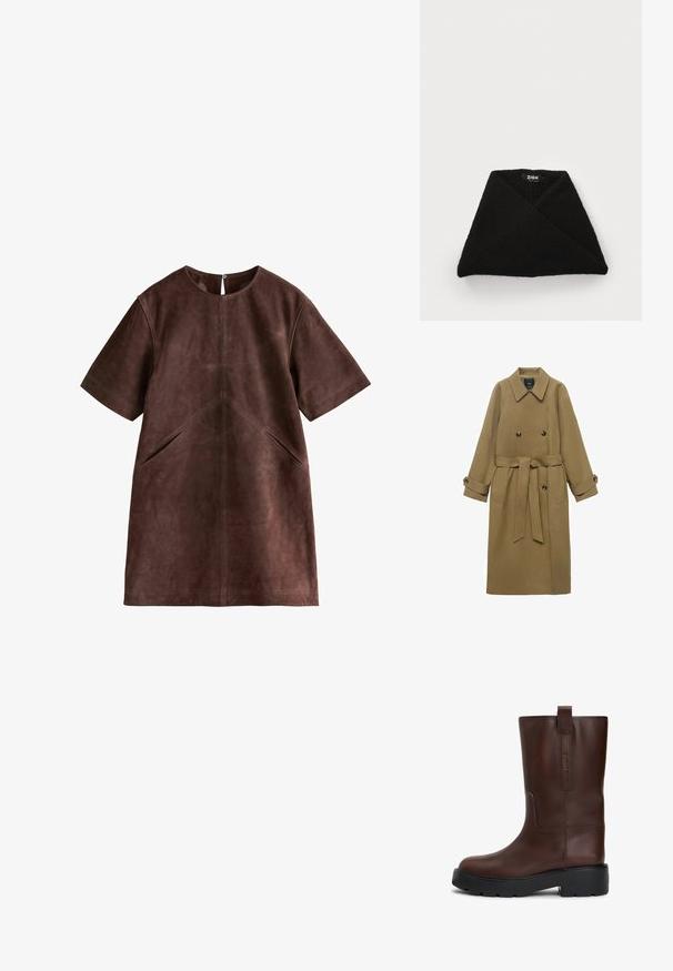 Lange kameelkleurige trenchcoat met brede reverskraag, dubbele knopen, ceintuur in de taille en knoopmanchetten, weergegeven op een witte achtergrond.; Bruine suède jurk met korte mouwen, ontspannen pasvorm, ronde halslijn, zijzakken en een rits aan de achterkant. Soepele textuur met een subtiele glans.; Bruine leren enkelboots met een ronde neus, dikke zwarte zool en een trekband aan de achterkant. Bevat subtiele logodetails aan de zijkant.; Zwarte gebreide wrap met een gestructureerd oppervlak, driehoekige vorm en een label met de tekst "ZIGN" nabij de bovenkant. Niet-elastisch materiaal.