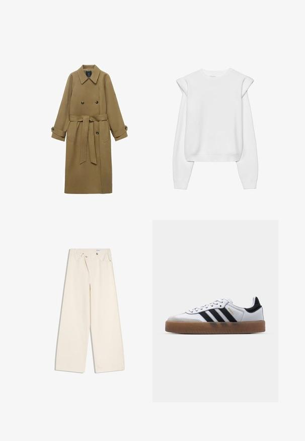 Lang kamel trenchcoat med bred krave, dobbeltknappede lukninger, bælte i taljen og knappede manchetter, vist på hvid baggrund.; Hvid pullover-sweatshirt med lange ærmer, rund halsudskæring, skulderpuder og ribstrikkede manchetter og kant. Blød stofstruktur.; Off-white bukser med vidde i benene, foranlommer, bærestropper og sølvknapper på linningen og lommekanter.; Hvide lædersneakers med sorte striber, gummirubber sål, rund tå, snørelukning og blød grå ruskinds tåhætte.