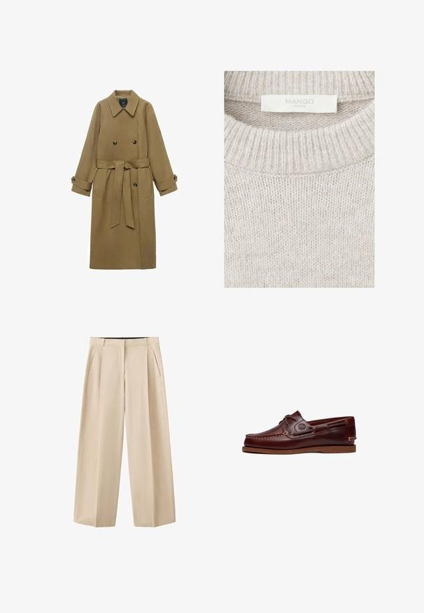 Trench coat largo de camello con amplios solapas, botones de doble botonadura, cintura ceñida con cinturón y puños abotonados, exhibido sobre fondo blanco.; Suéter beige de punto con cuello redondo acanalado y etiqueta de tela blanca con la inscripción "MANGO HOME" cosida en el interior del cuello.; Pantalones beige de pierna ancha con pinzas delanteras, bolsillos laterales y trabillas para cinturón, mostrados sobre un fondo blanco.; Zapato náutico de cuero marrón con cordones, detalles de costura y logo de Timberland en el lateral, mostrado sobre un fondo blanco.