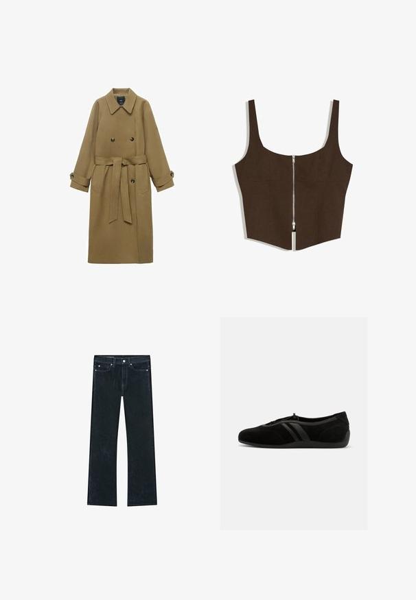 Lang kamel trenchcoat med bred krave, dobbeltknappede lukninger, bælte i taljen og knappede manchetter, vist på hvid baggrund.; Brun kort crop-top med brede stropper og en sølvfarvet lynlås foran, der går fra halsudskæringen til kanten.; Mørk denim wide-leg jeans med standard fem-lomme design, sølv hardware og syningsdetaljer. Har en let slidt struktur.; Sort ruskinds slip-on sko med rundet tå, elastisk snørelukning, to læderstriber i siden og flad gummisål.