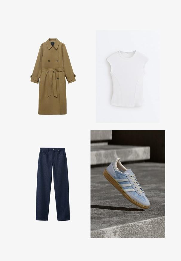 Lang kamel trenchcoat med bred krave, dobbeltknappede lukninger, bælte i taljen og knappede manchetter, vist på hvid baggrund.; Hvid ribstrikket ærmeløs top med rund halsudskæring og buede sømdetaljer på en flad hvid baggrund.; Mørkeblå denim jeans med lige bendesign, der har forlommer, bæltestropper og en enkelt knaplukning. Glat tekstur.; Lyseblå sneakers med blomsterprint, hvide striber og teksturerede grå ruskindsaccenter. Sål i naturfarvet gummi. Snørebånd i cremet beige.
