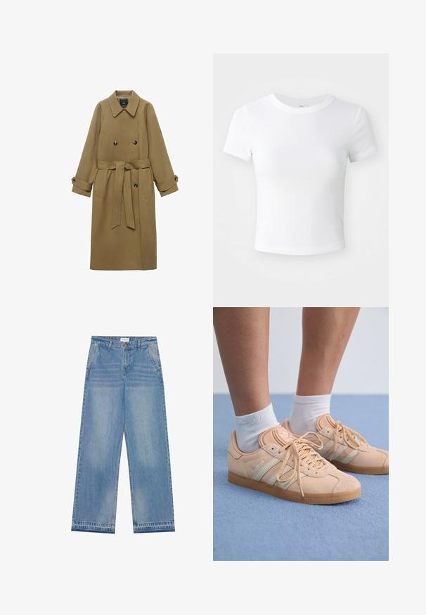 Trench coat largo de camello con amplios solapas, botones de doble botonadura, cintura ceñida con cinturón y puños abotonados, exhibido sobre fondo blanco.; Camiseta corta de manga corta blanca, con cuello redondo, exhibida sobre un fondo neutral claro.; Jeans de pierna ancha de cintura alta en azul claro con cierre de botón, bolsillos frontales, pasadores para cinturón y un sutil desgaste.; Las zapatillas de ante de color rosa claro cuentan con tres franjas blancas, suela texturizada y logo en la lengüeta. Se llevan con calcetines blancos sobre una superficie azul.