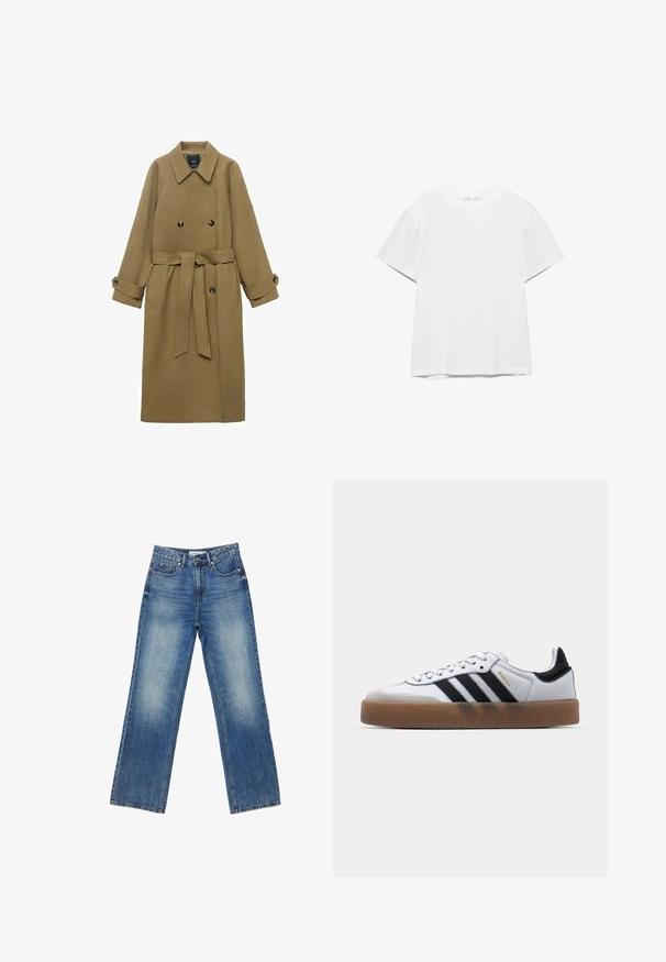 Lang kamel trenchcoat med bred krave, dobbeltknappede lukninger, bælte i taljen og knappede manchetter, vist på hvid baggrund.; Hvid, kortærmet T-shirt med rund hals og lige kant, vist på en hvid baggrund.; Blå denimjeans med lige ben, lukning med knap og lynlås, forlommer og møntlomme samt diskrete falmede detaljer.; Hvide lædersneakers med sorte striber, gummirubber sål, rund tå, snørelukning og blød grå ruskinds tåhætte.