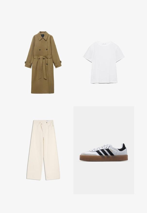 Trench-coat long en camel avec col large à revers, boutons double-breasted, taille ceinturée et poignets à boutons, présenté sur fond blanc.; T-shirt blanc uni à manches courtes et col rond, avec un ourlet droit, présenté sur un fond blanc.; Pantalon large couleur écru avec poches avant, passants pour ceinture, et boutons argentés sur la ceinture et les bords des poches.; Baskets en cuir blanc avec des rayures noires, semelle extérieure en caoutchouc beige, bout rond, fermeture lacée et embout en suède gris doux.